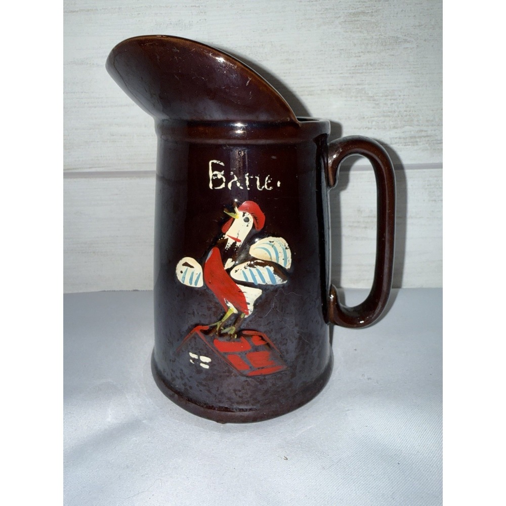 VTG MCM Redware Brown Luster Rooster Pancake Batter Pitcher‎ 1950's Farmhouse